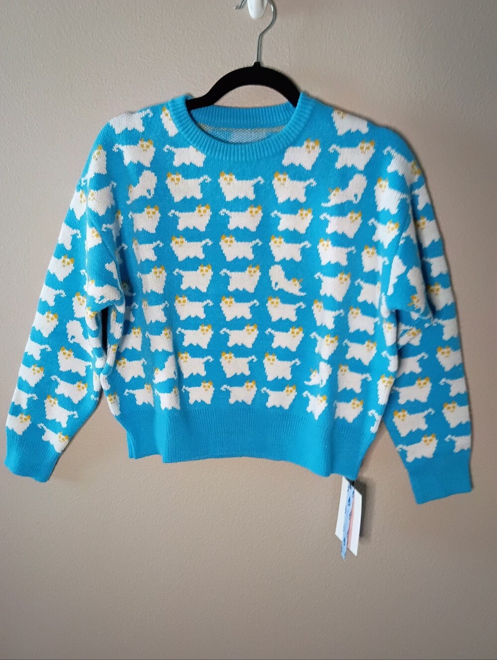 Cider Knit Sheep Cat Pattern Crop Sweater Sky Blue Long Sleeve Oversized XS NWT